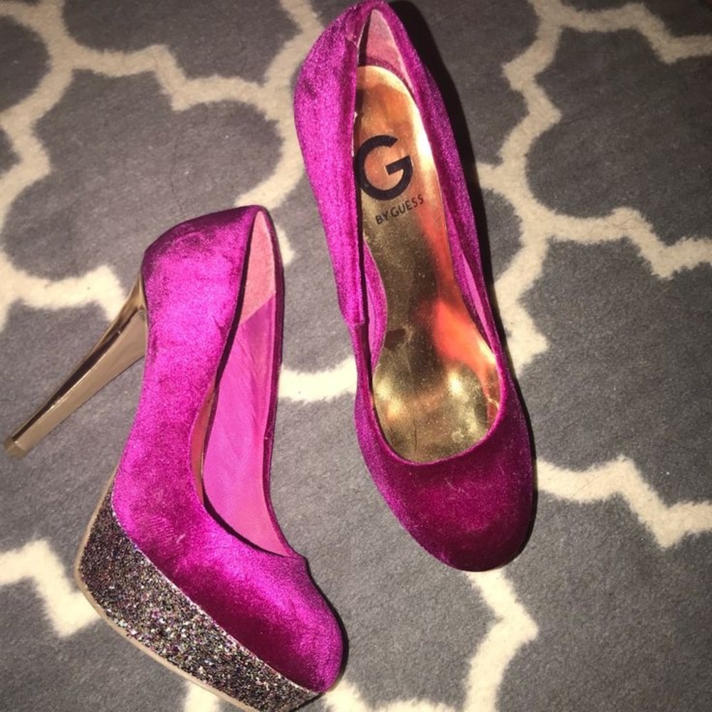 Fuchsia G by Guess Velvet Platform Sequins Pumps